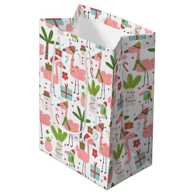Fun Pink Flamingo Christmas Medium Gift Bag (Front Angled)