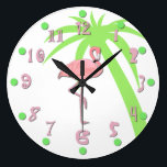 Fun Pink Flamingo Wall Clock<br><div class="desc">Whimsical tropical wall clock done with a white background and graphics of a pink flamingo, in the middle, and a green palm tree silhouette off to the side. Fun pink numbers and green dots finish off this great clock. Customize to add any text you want.</div>
