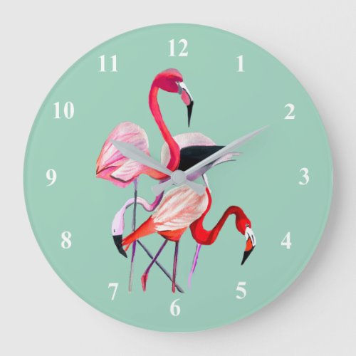 Fun pink flamingo watercolor illustration large clock