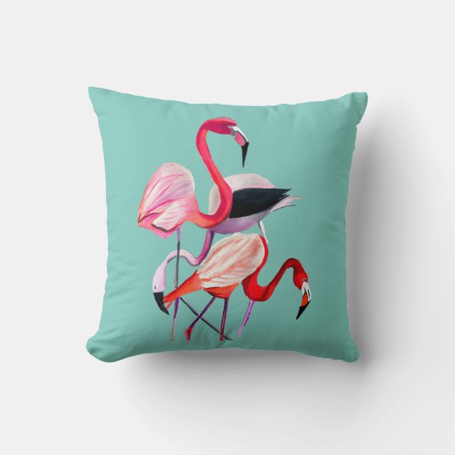 Fun pink flamingo watercolor illustration throw pillow (Front)