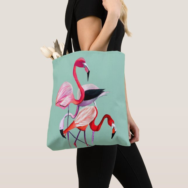 Fun pink flamingo watercolor illustration tote bag (Close Up)