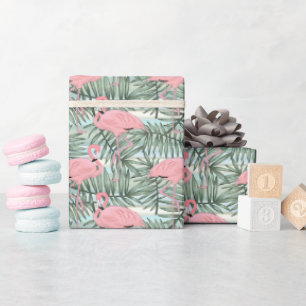 Fun Pink Flamingoes Cute Palm Leafs Art Pattern Wrapping Paper