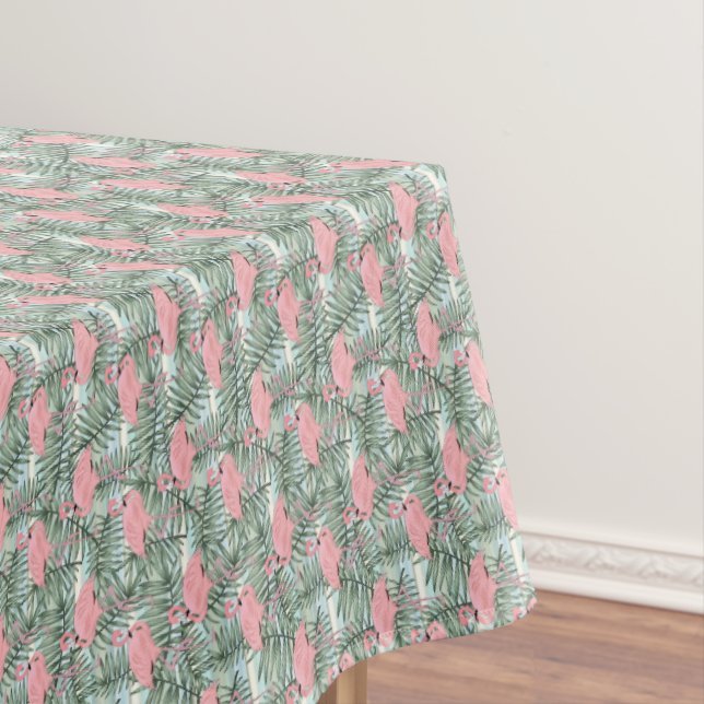 Fun Pink Flamingoes Cute Palm Leafs Pattern Tablecloth (In Situ)