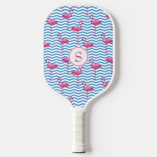 Fun Pink Flamingos Blue & White Chevron Pattern