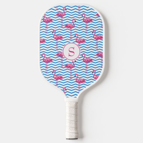 Fun Pink Flamingos Blue  White Chevron Pattern Pickleball Paddle