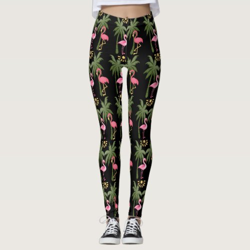 Fun Pink Flamingos  Palm Trees on Black Leggings