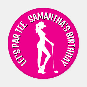 fun pink girl golf-themed birthday party coaster set