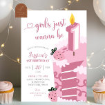 Fun Pink Girl Just Wanna Be One Birthday Invitation<br><div class="desc">Girls Just Wanna Be One Cake Girl Birthday Party,  Pink Heart Cake Valentine 1st Birthday Party,  Pink Bow Sweet Cake Birthday Girl Invite</div>