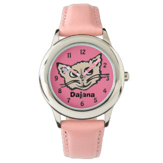 Fun pink girls cat kitten graphic name wrist watch