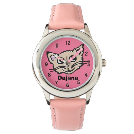 Fun Pink Girls Cat Kitten Graphic Name Wrist Watch