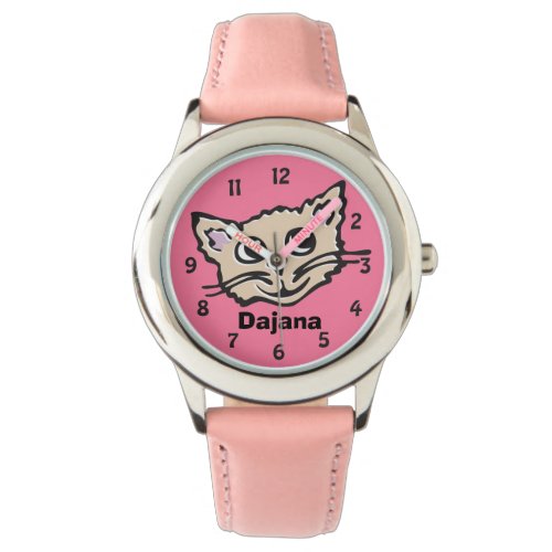 Fun pink girls cat kitten graphic name wrist watch