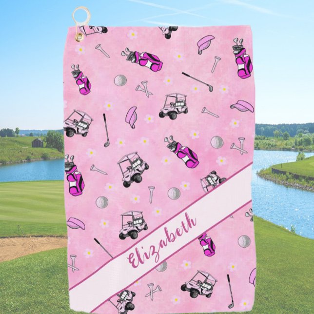 Fun pink golf cart and gear personalized name golf towel (Creator Uploaded)