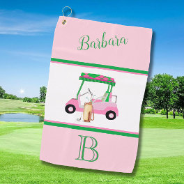 Fun Pink Golf Cart Monogram Name Golf Towel