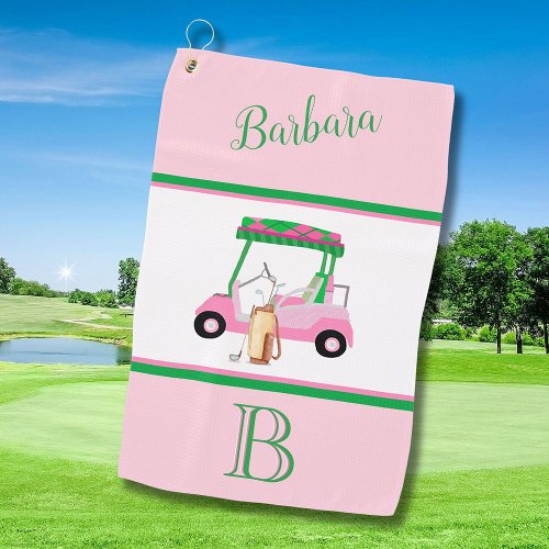 Fun Pink Golf Cart Monogram Name   Golf Towel