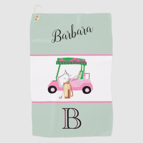 Fun Pink Golf Cart Monogram Name Golf Towel