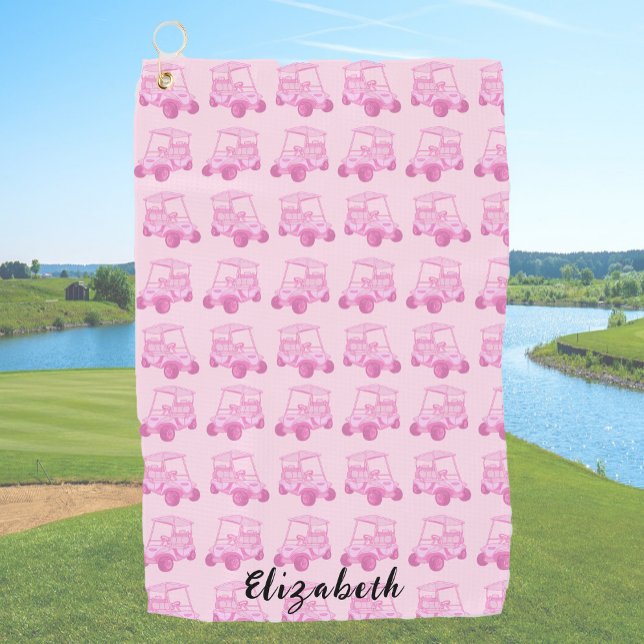 Fun pink golf cart personalized name golf towel (Creator Uploaded)