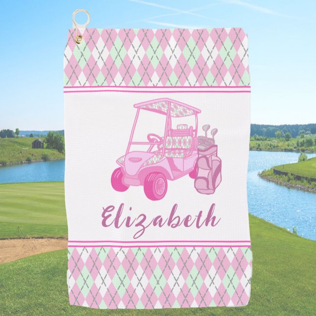 Fun Pink Golf Cart Preppy Personalized Ladies Golf Towel (Creator Uploaded)
