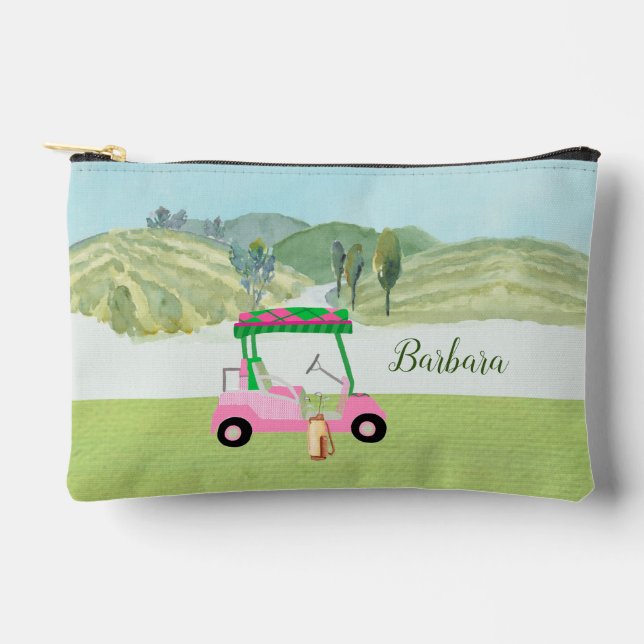 Fun Pink Golf Cart Scenic Personalized Name Accessory Pouch (Front)