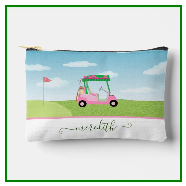 Fun Pink Golf Cart Scenic Personalized Name Accessory Pouch (Creator Uploaded)