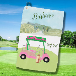 Fun Pink Golf Cart Scenic Personalized Name Golf Towel