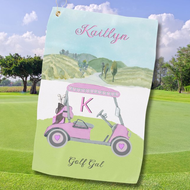 Fun Pink Golf Cart Scenic Personalized Name Towel (Creator Uploaded)