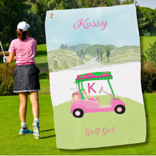 Fun Pink Golf Cart Scenic Personalized Name Towel