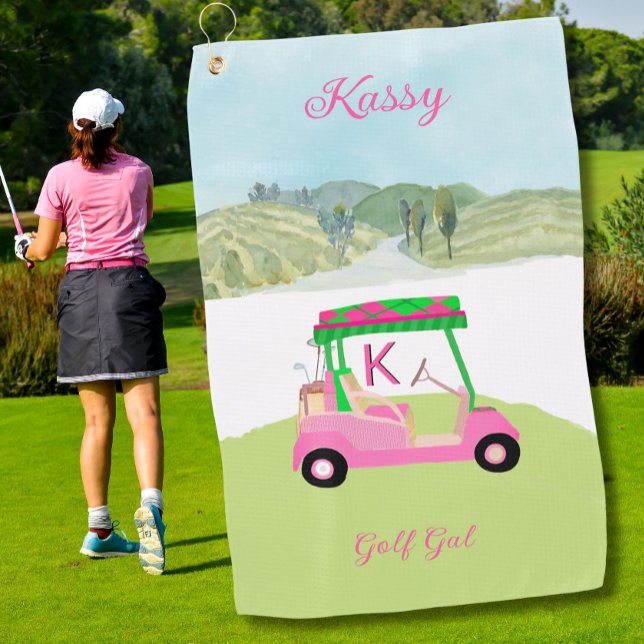 Fun Pink Golf Cart Scenic Personalized Name Towel (Creator Uploaded)