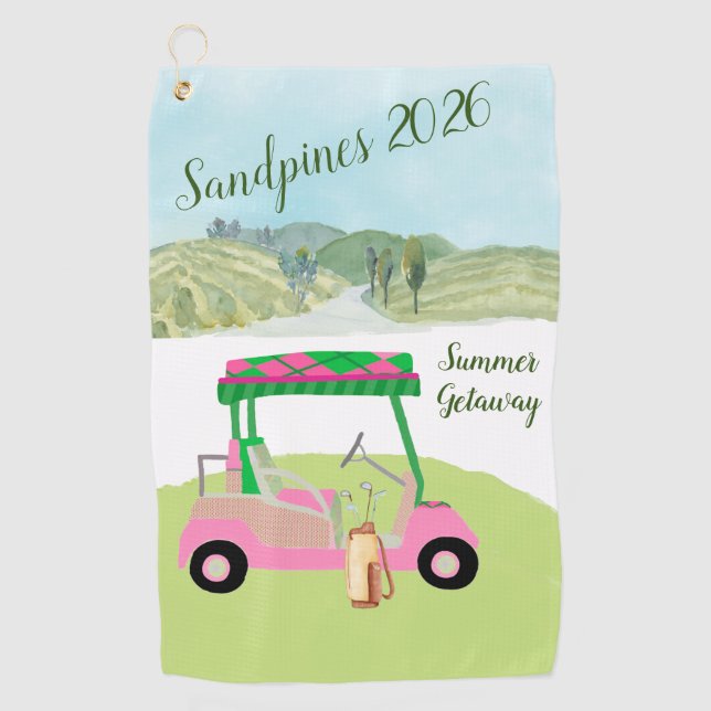 Fun Pink Golf Cart Scenic Personalized Name Towel (Front)