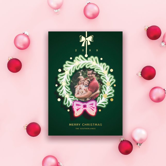 Fun Pink Green Neon Lights Christmas Wreath Photo Foil Holiday Card