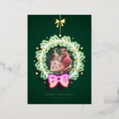 Fun Pink Green Neon Lights Christmas Wreath Photo Foil Holiday Card (Standing Front)