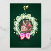 Fun Pink Green Neon Lights Christmas Wreath Photo Foil Holiday Card (Front)