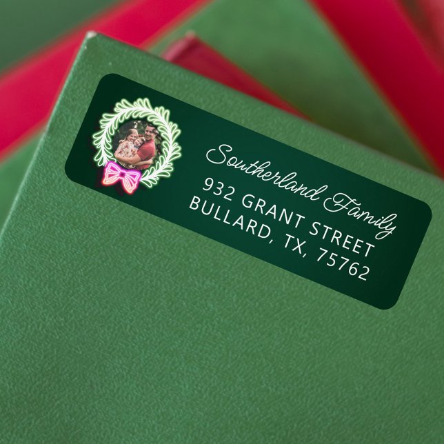 Fun Pink Green Neon Lights Christmas Wreath Photo Label (Fun Pink Green Neon Lights Christmas Wreath Photo Label)