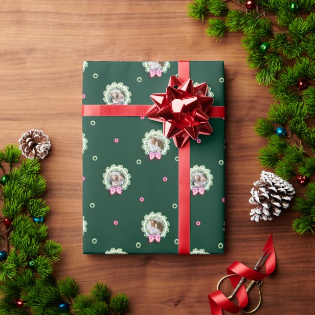 Fun Pink Green Neon Lights Christmas Wreath Photos Wrapping Paper (Holiday Gift)