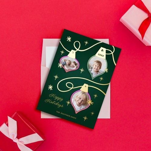 Fun pink  Green Neon Photo Christmas Ornaments Foil Holiday Card