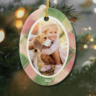 Fun Pink Green Plaid Custom Photo Christmas Tree Ceramic Ornament