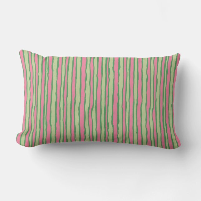 Fun Pink Green Watermelon Vertical Stripes Outdoor Lumbar Pillow (Front)