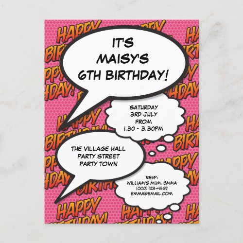 Fun Pink Happy Birthday Party Comic Speech Bubbles Invitation Postcard