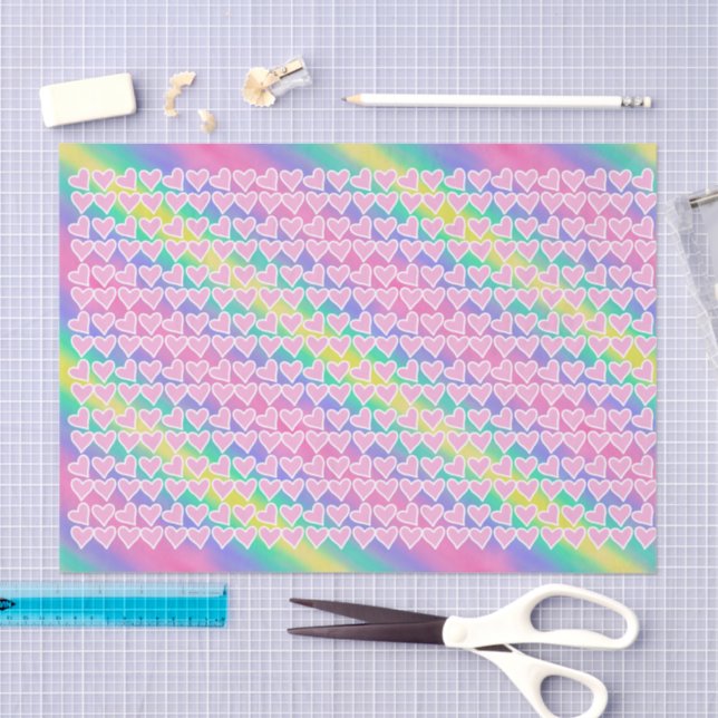 Fun Pink Hearts on Rainbow Tissue Paper (Craft)