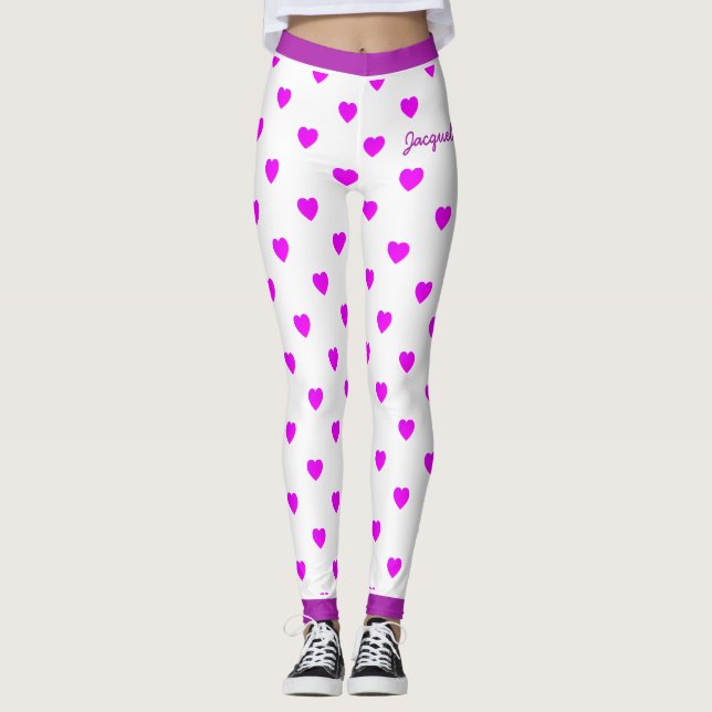 Fun Pink Hearts on White Leggings (Front)
