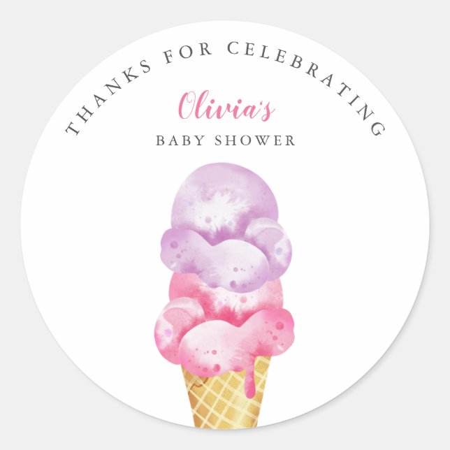 Fun Pink Ice Cream Baby Shower Favor Classic Round Sticker (Front)
