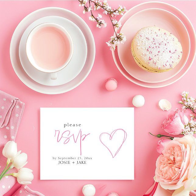 Fun pink love heart rsvp enclosure card (Simple and clean pink and white "rsvp" wedding response card with a pink hand drawn style love heart)