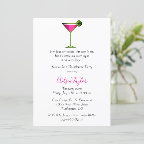 Fun Pink Martini Cocktail Hour Bachelorette Party Invitation