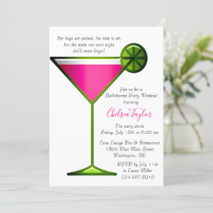 Fun Pink Martini Cocktail Hour Bachelorette Party Invitation