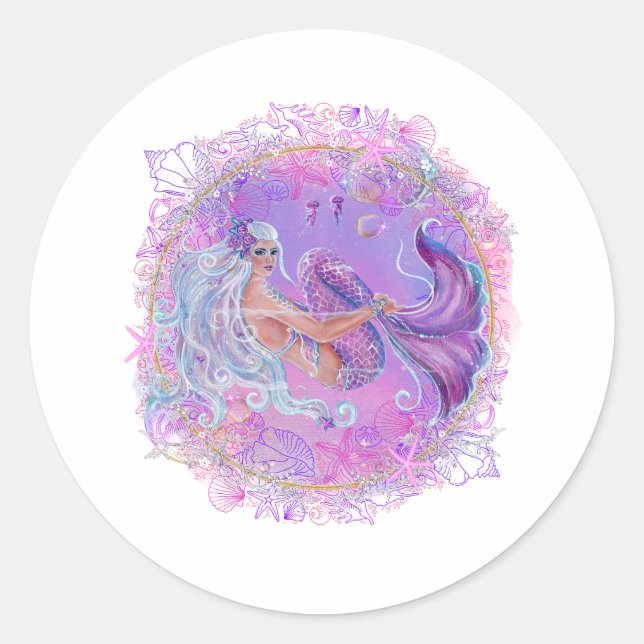 Fun Pink mermaid  by Renee Lavoie Classic Round Sticker (Front)