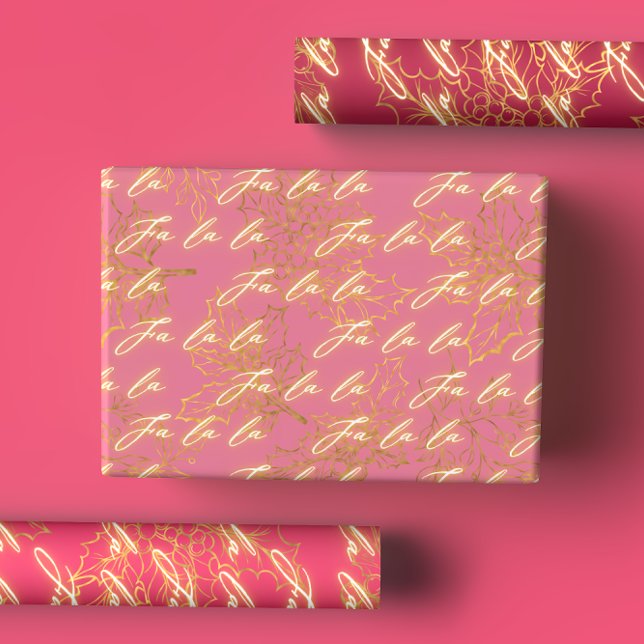 Fun Pink Metallic Monochrome Fa La La Christmas Wrapping Paper Sheets (Creator Uploaded)