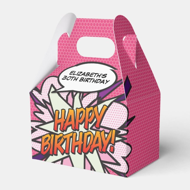 Fun Pink Modern Trendy Comic Book Any Age Birthday Favor Boxes (Front Side)