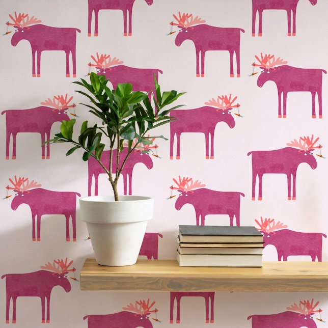 Fun Pink Moose Elk Pattern Wallpaper (Fun pink moose or elk animal pattern peel and stick art wallpaper)