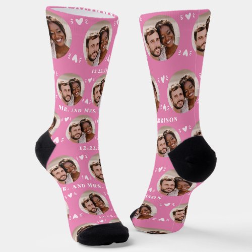 Fun Pink Newlyweds Photo Pattern Socks