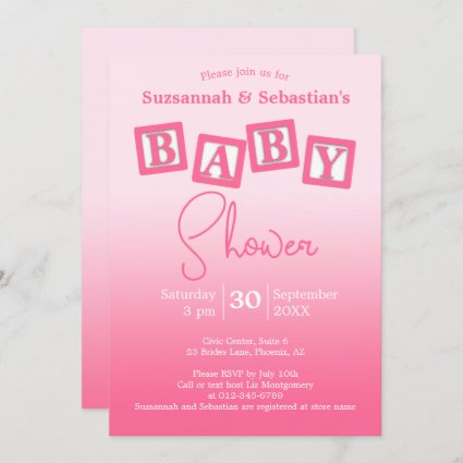 Fun Pink Ombre BABY Girl Blocks Shower Invitation