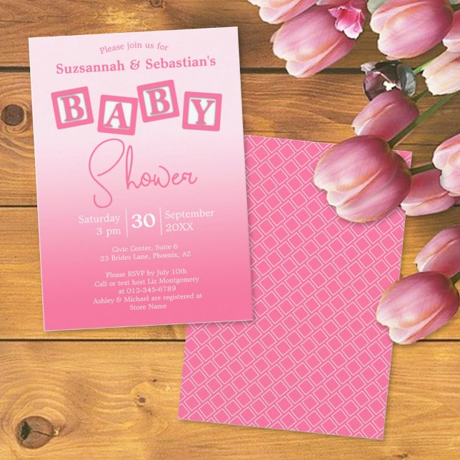 Fun Pink Ombre BABY Girl Blocks Shower Invitation (Creator Uploaded)